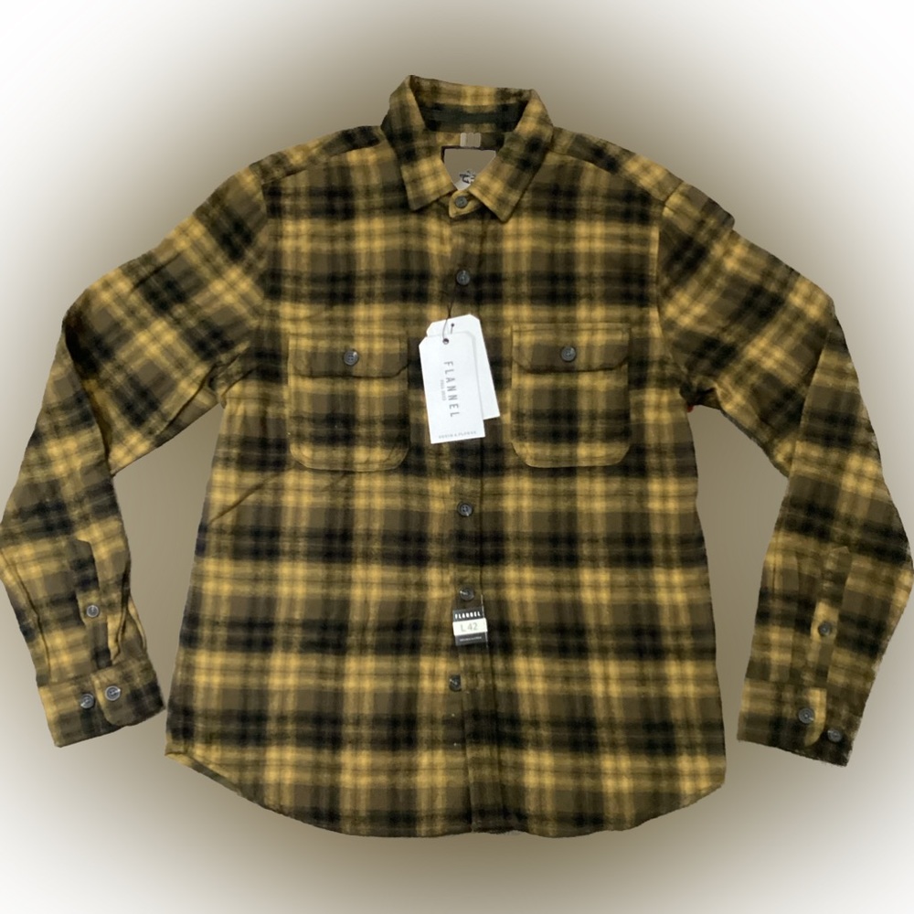 DENIM & FLOWER Flannel $59 NWT Button Up Shirt Burnt Yellow Wu Tang Snoop Dog